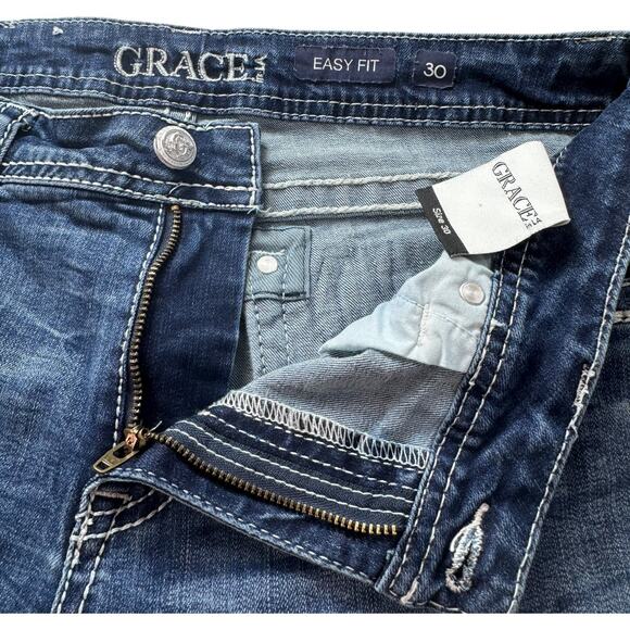 Grace in LA Bootcut Jeans Tribal Feather Embroider Fray Hem Easy Fit 32X33* (30) - Picture 13 of 16